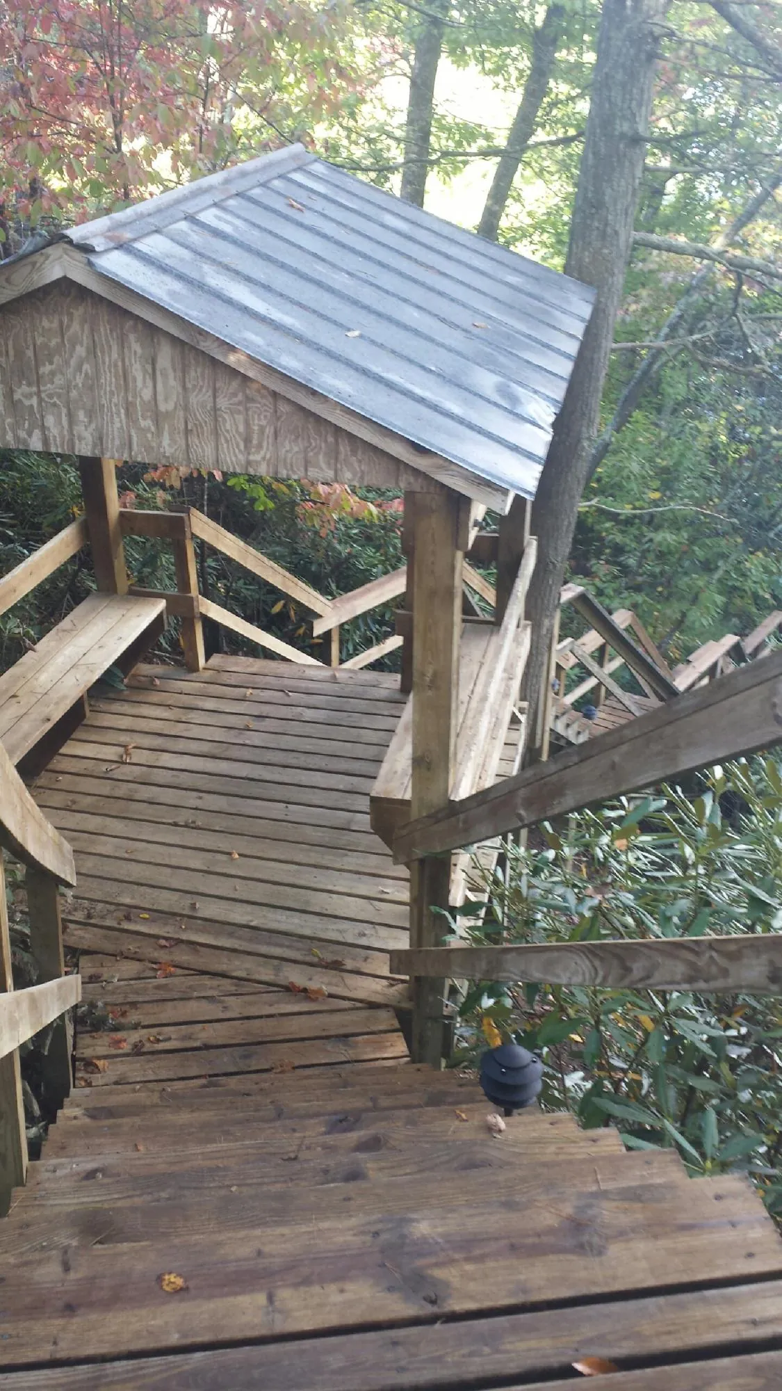 Metal roofed shelter over wooden steps on a wooded walkway — Skylight Repair & Installation work by our crew in Bushnell